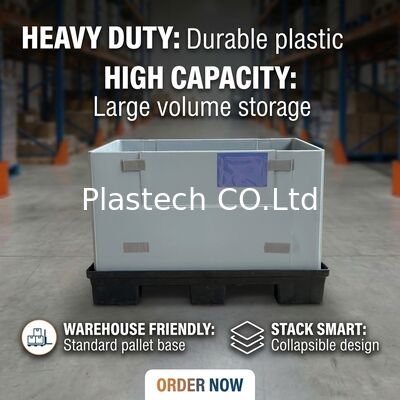 Inklapbare palletbox met op maat gemaakte uitsparingen en vensters, Herbruikbare Heavy Duty Bulkbox 500kg Statische Belasting, Op maat gemaakte kleurendruk